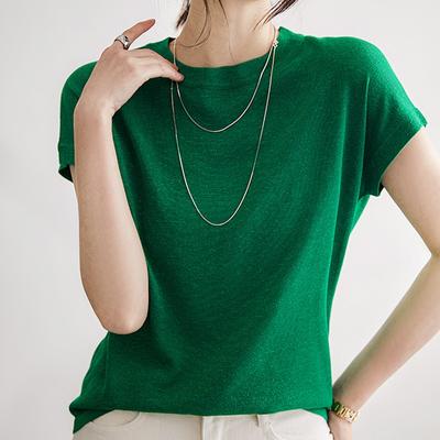 Summer Short Sleeve Knitted Shirt Women Korean Solid Office Lady Casual Blouse Women Shiny Slim Knit Tops Elegant 27212