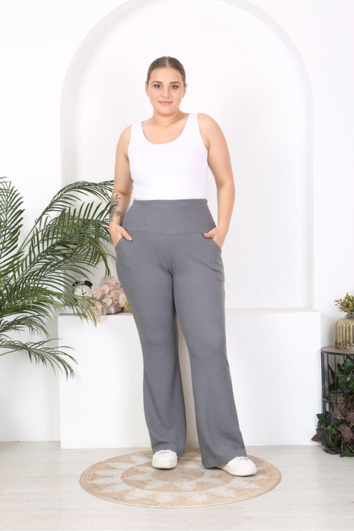 

Женские брюки больших размеров, серые брюки с лифом в рубчик на талии