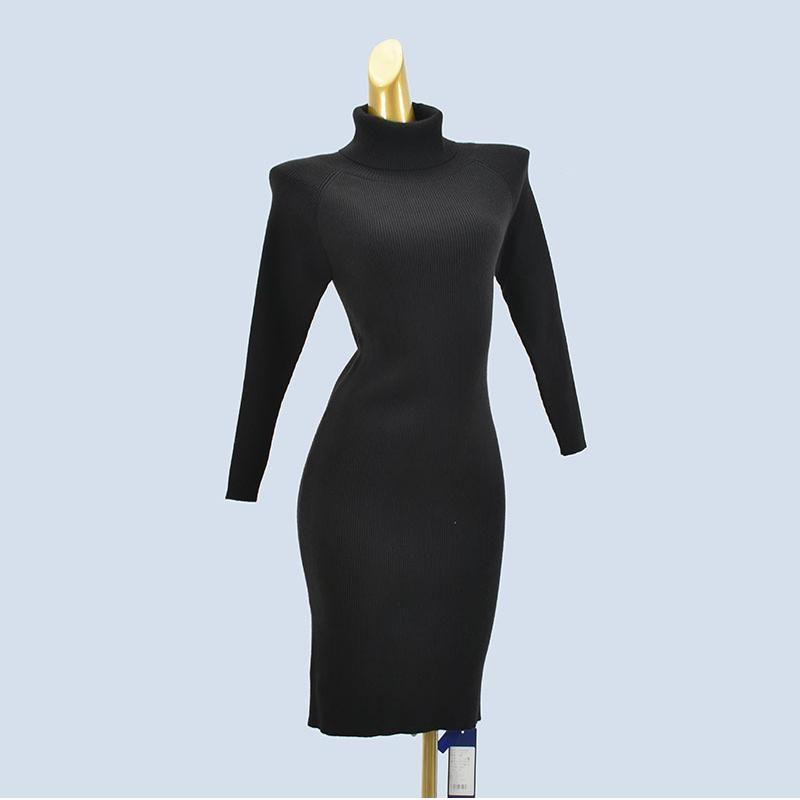 Withdraw from Cupboard High Quality Thick Turtleneck Raglan Pure Color Mid Length Long Length Long Sleeves Knitting Sweater Silm Sheath Bottom Dress