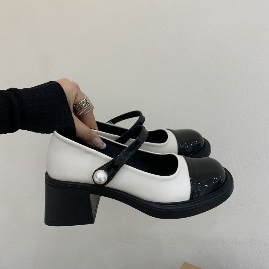 Light Mouth Single Shoes Color Matching Word with Mary Jane Shoes Small Leather Shoes Spring 2025 Thick Heel Medium Heel Thick Sole Doudou Shoes