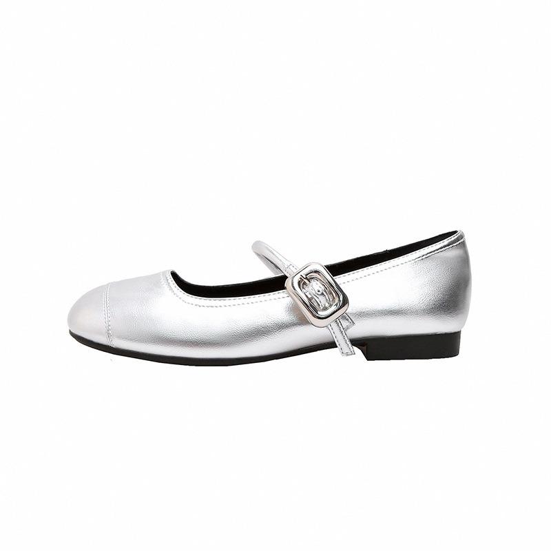 Sheepskin Inner Height Increase Single Shoes Women's Silver Shoes Genuine Leather with Skirt Evening Gentle Shoes Flat Mary Jane Shoes