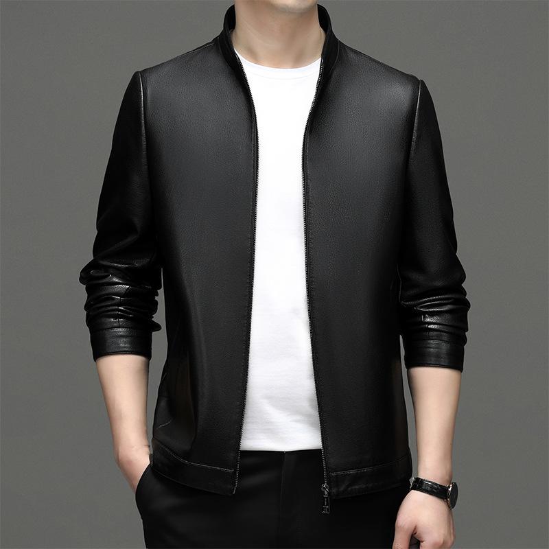 Leather Jacket Spring and Autumn Stand Collar Leather Jacket Men's Casual Middle-aged Dad Wear Sheepskin Leather Jacket