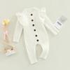 Baby Girl’s Knitted Long Sleeve Jumpsuit Solid Color Round Neck Button Long Romper