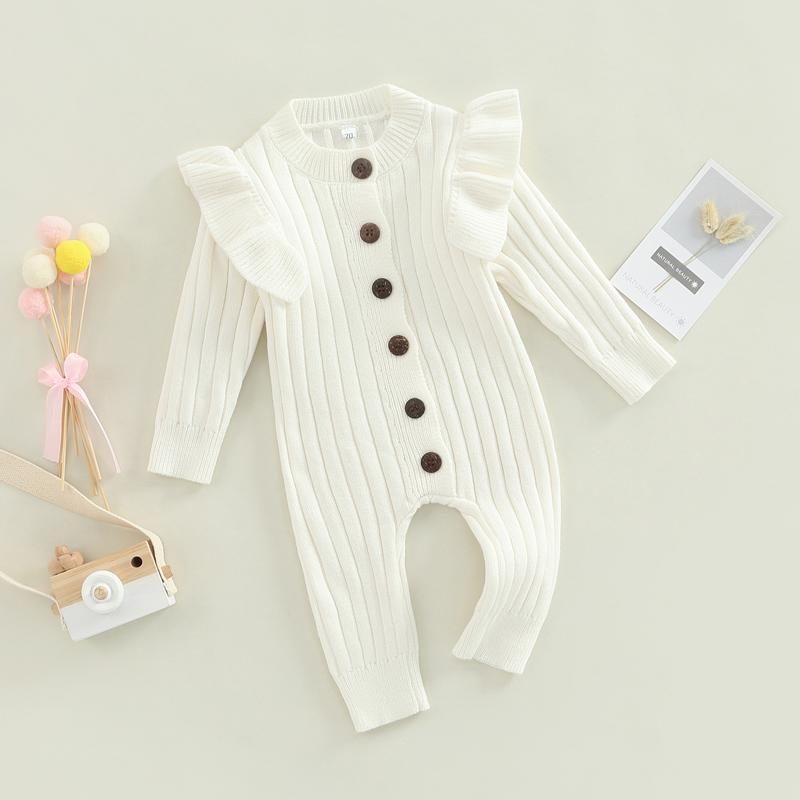 Baby Girl’s Knitted Long Sleeve Jumpsuit Solid Color Round Neck Button Long Romper
