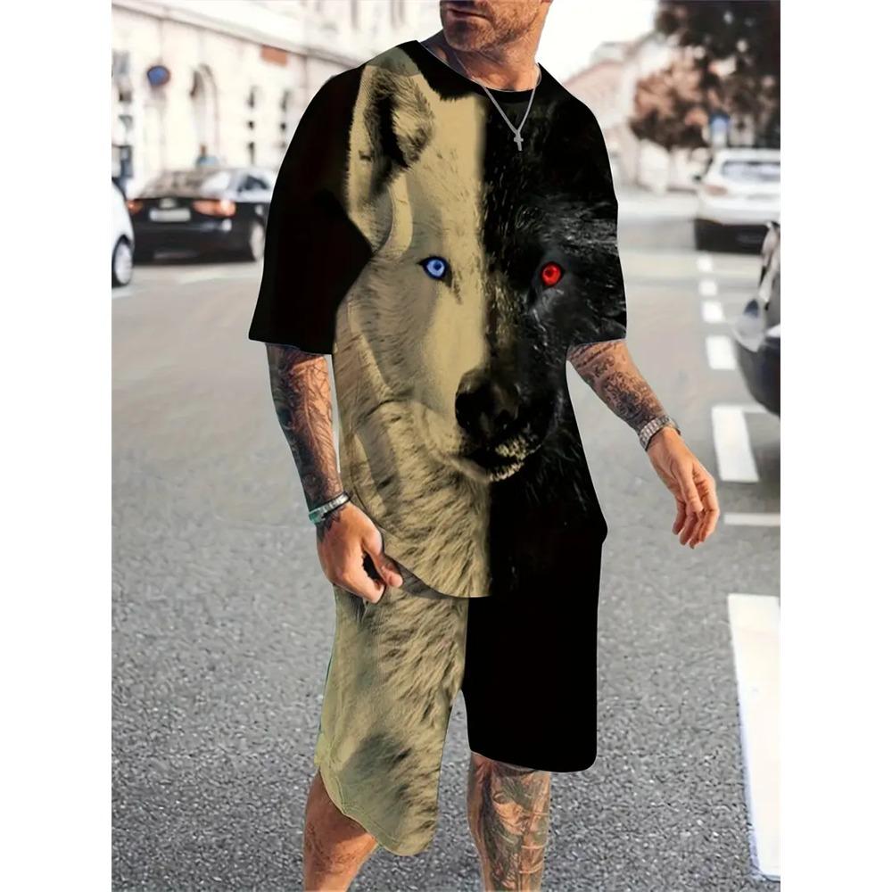 Summer Fashion Animal Print Suit Black and White Tiger 3D Pattern Outdoor Street Shooting Sportswear Men's Casual T Shirts 2 Piece Set