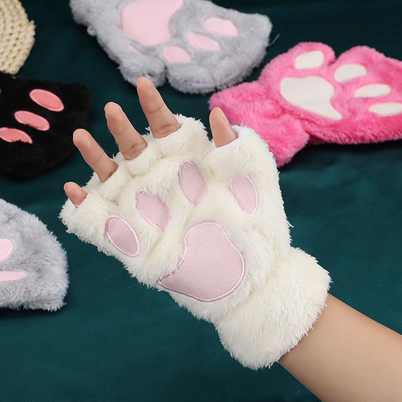Cartoon Cute Cat Claw Gloves Women Plush Mittens Warm Soft Plush Short Fingerless Fluffy Gloves Winter Half Finger Gloves