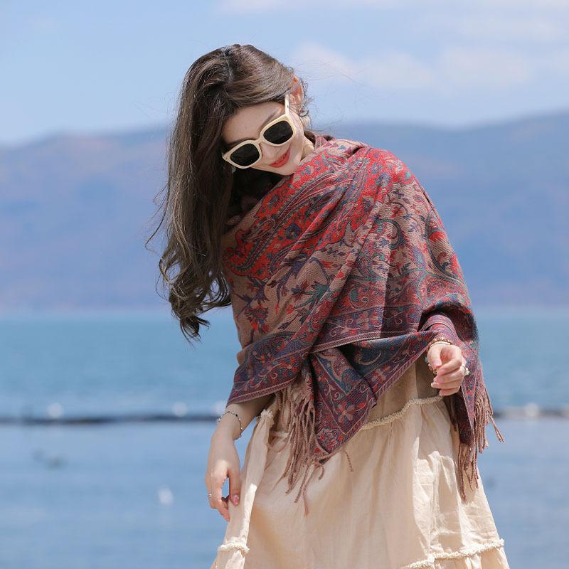 Yunnan Lijiang Tourism New Shawl Ethnic Style Scarf Women's Retro Cloak Photo Thickened Imitation Cashmere Scarf