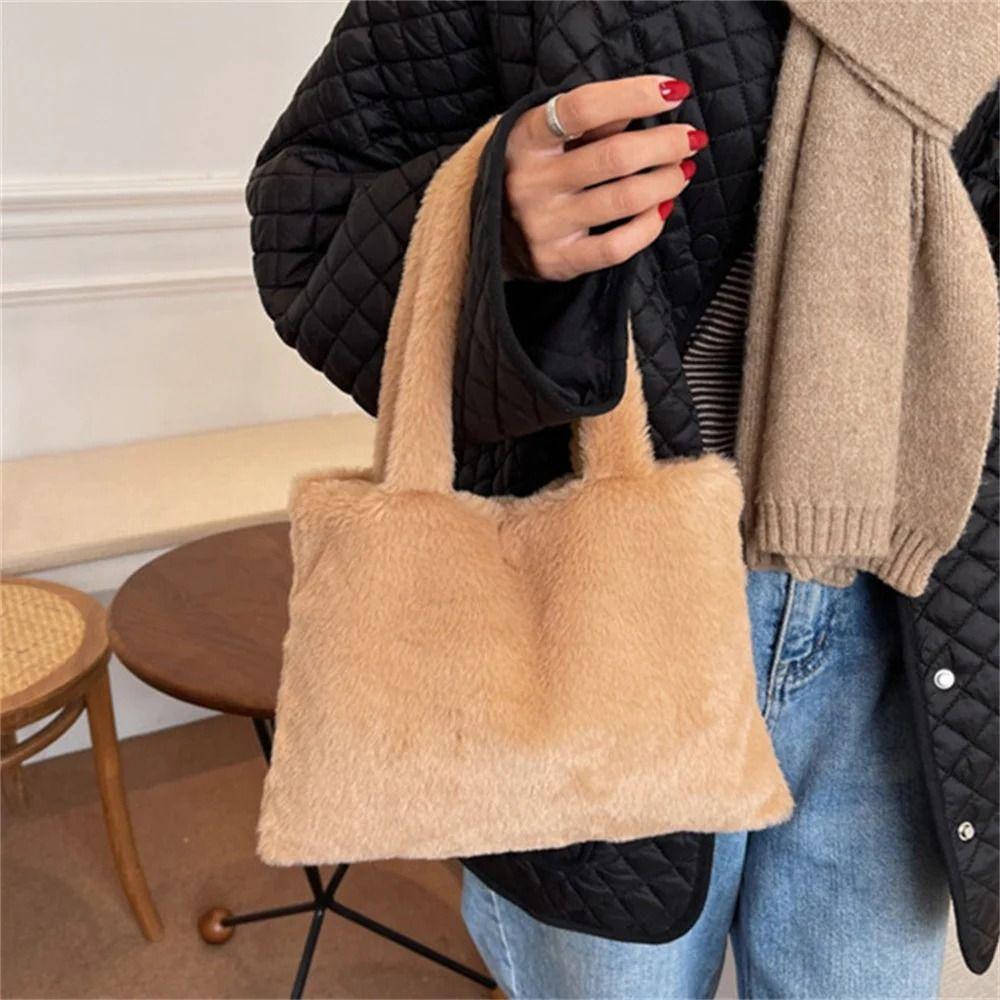 Cute Shoulder Bag Plush Shopper Bag Versatile Underarm Handbag  Female