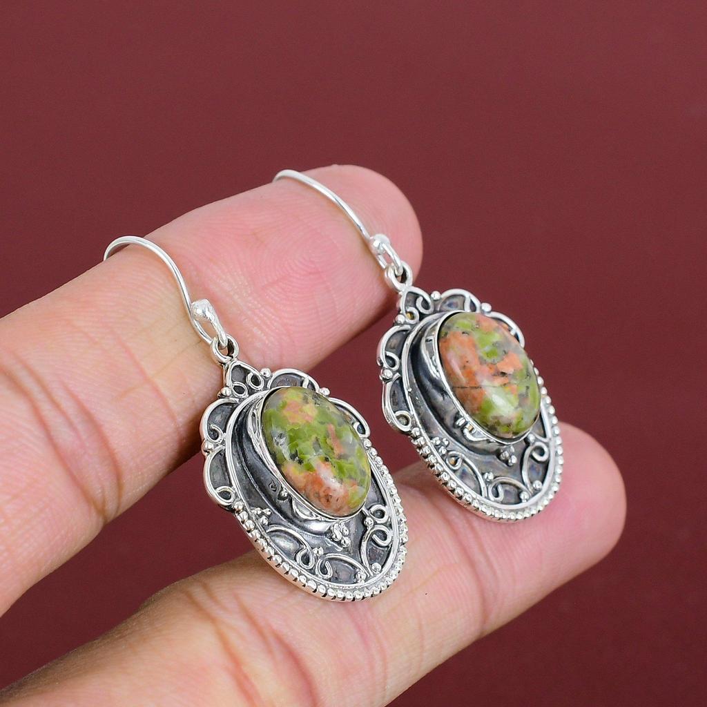 Unakite Earrings Gemstone Vintage Earring 925 Sterling Silver Earring Dangle Earring Real Unakite Jewelry Handmade Earrings Gifts For Women