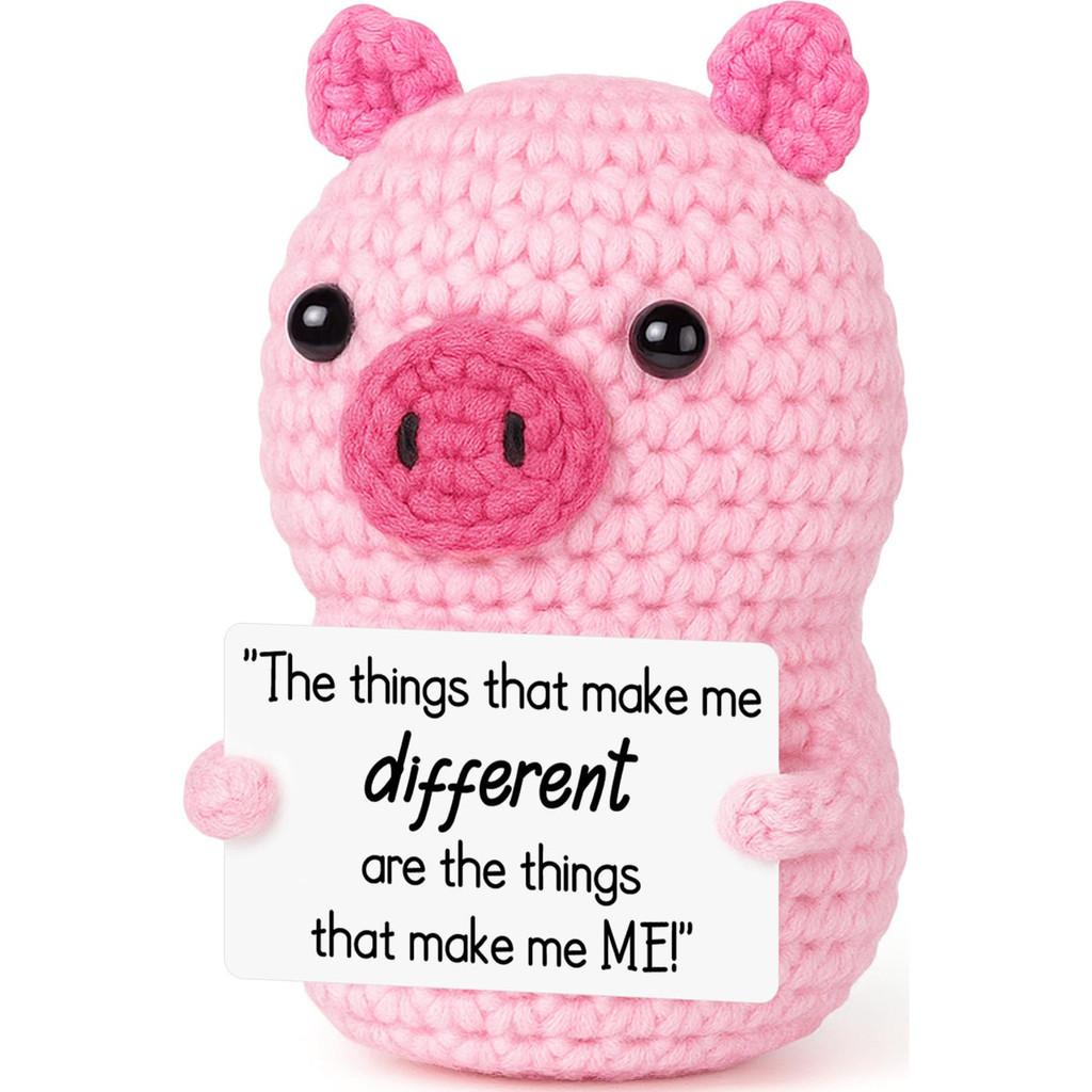 Pink Cute Pig Positive Crochet Animals Doll With Card Desktop Ornament Emotional Support Handmade Knitted Cheer Up Toy