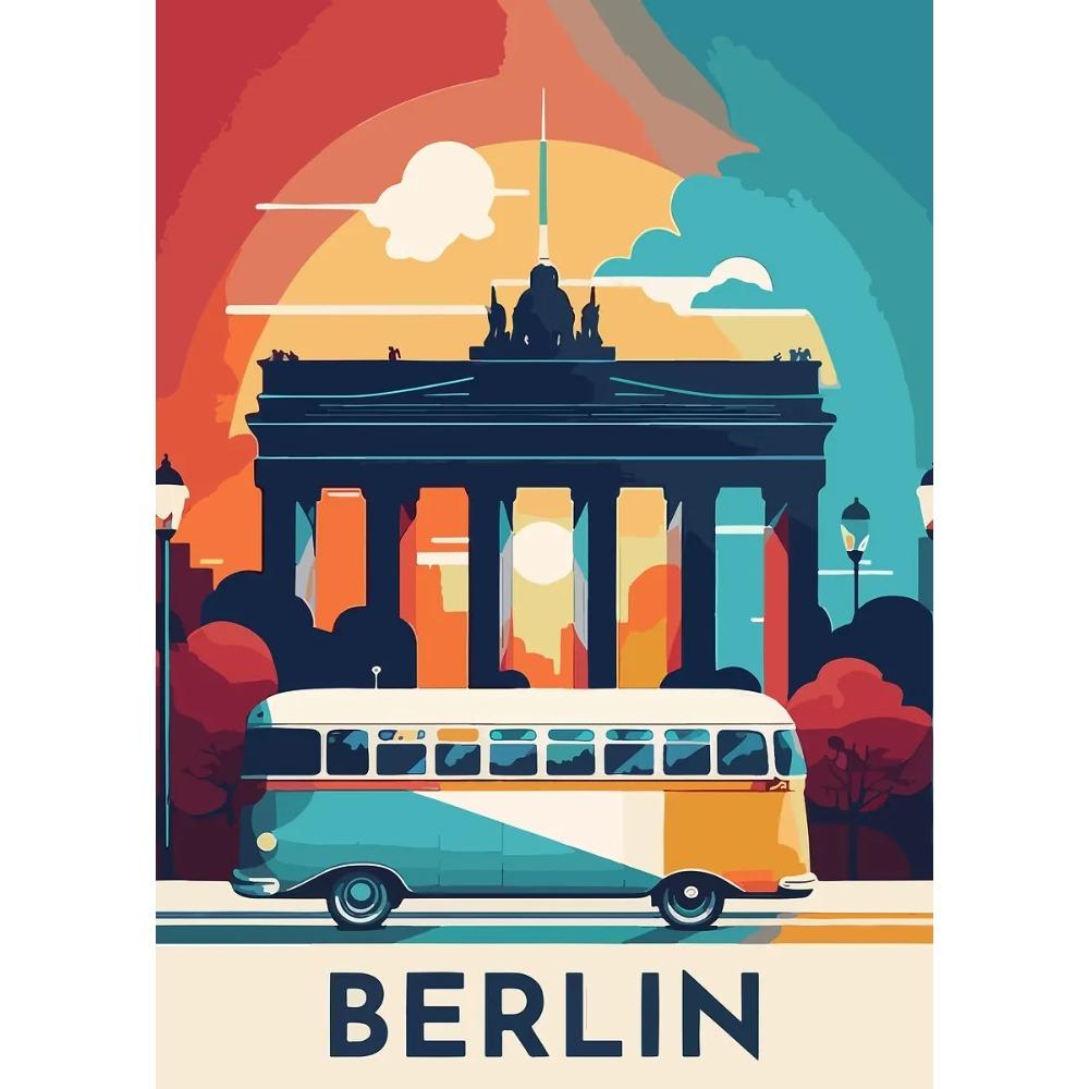 Retro Vibrant Cityscape Street Scene Posters London Double Decker Bus Prints Canvas Painting Wall Art Pictures Home Room Decor