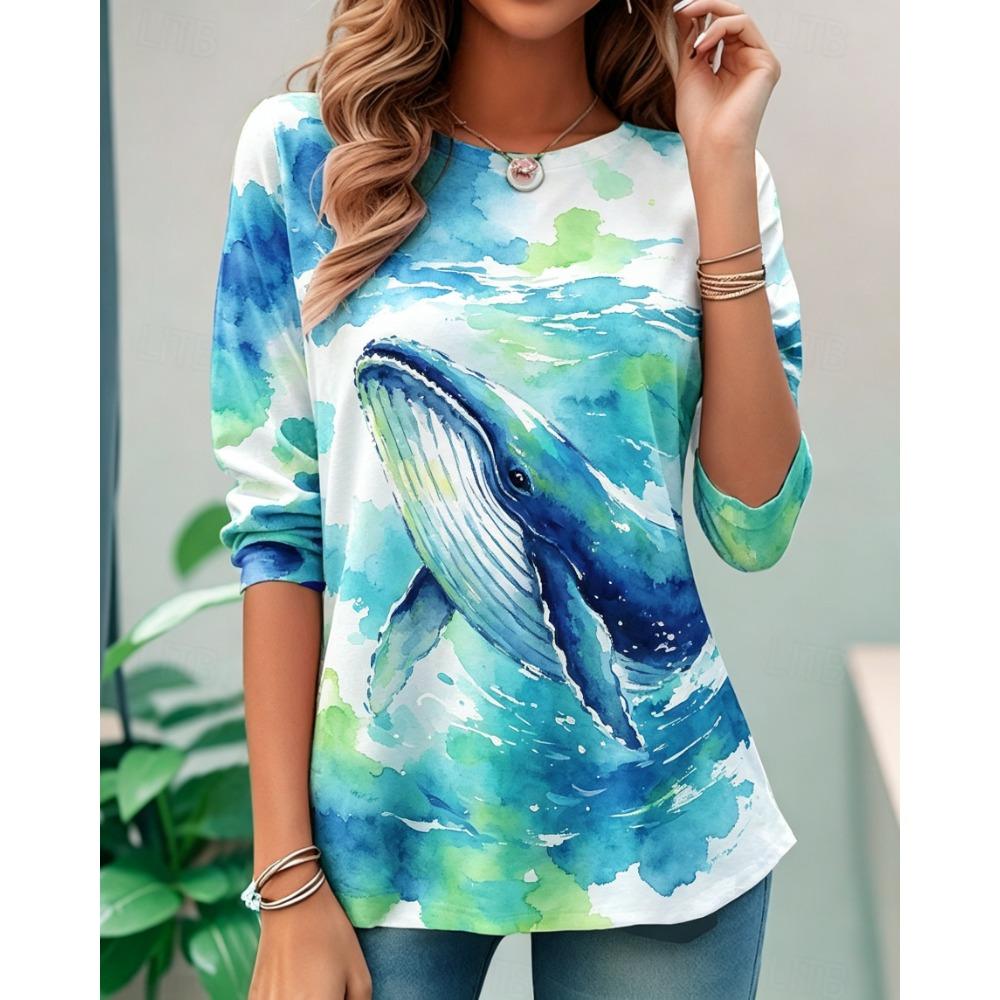 Women's Long Sleeve Crew Neck Watercolor Fox Print Casual T-Shirt, Regular Tops for Spring Summer Daily Weekend Wear