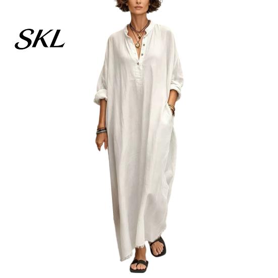 Casual Dress Summer Maxi for Women, V-Neck Oversized Boho Long Women Dress, Sleeve Button Up Vacation Sundress with Pockets Party