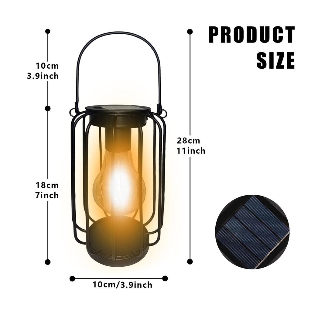 Solar-powered lantern light, hanging lantern with bulb, suitable for outdoor gardens, patios, lawns, and walkway decorations.