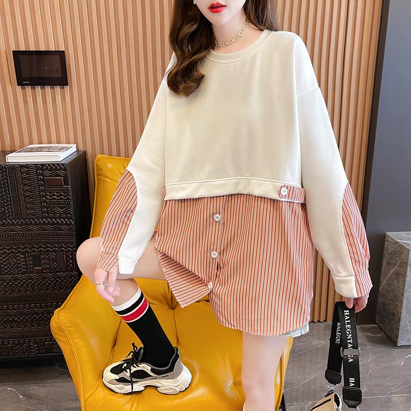 Women Fake Two Pieces Striped Patchwork  Korean Fashion Long Sleeve Lace Up Oversized Streetwear Sweatshirts Women Pullover Tunic Tops Y2K