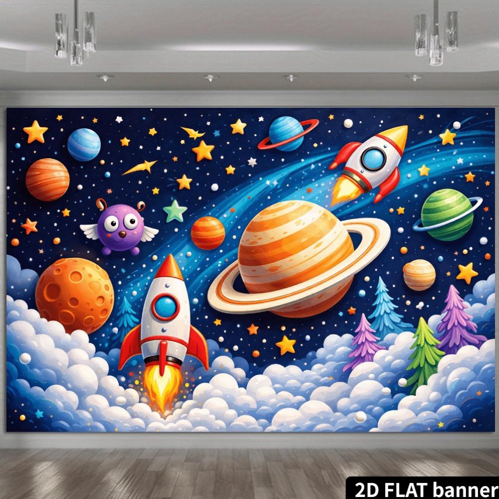 A two-dimensional background of the starry sky planets orbiting and circling rockets and spaceships soaring in the sky 100x150cm