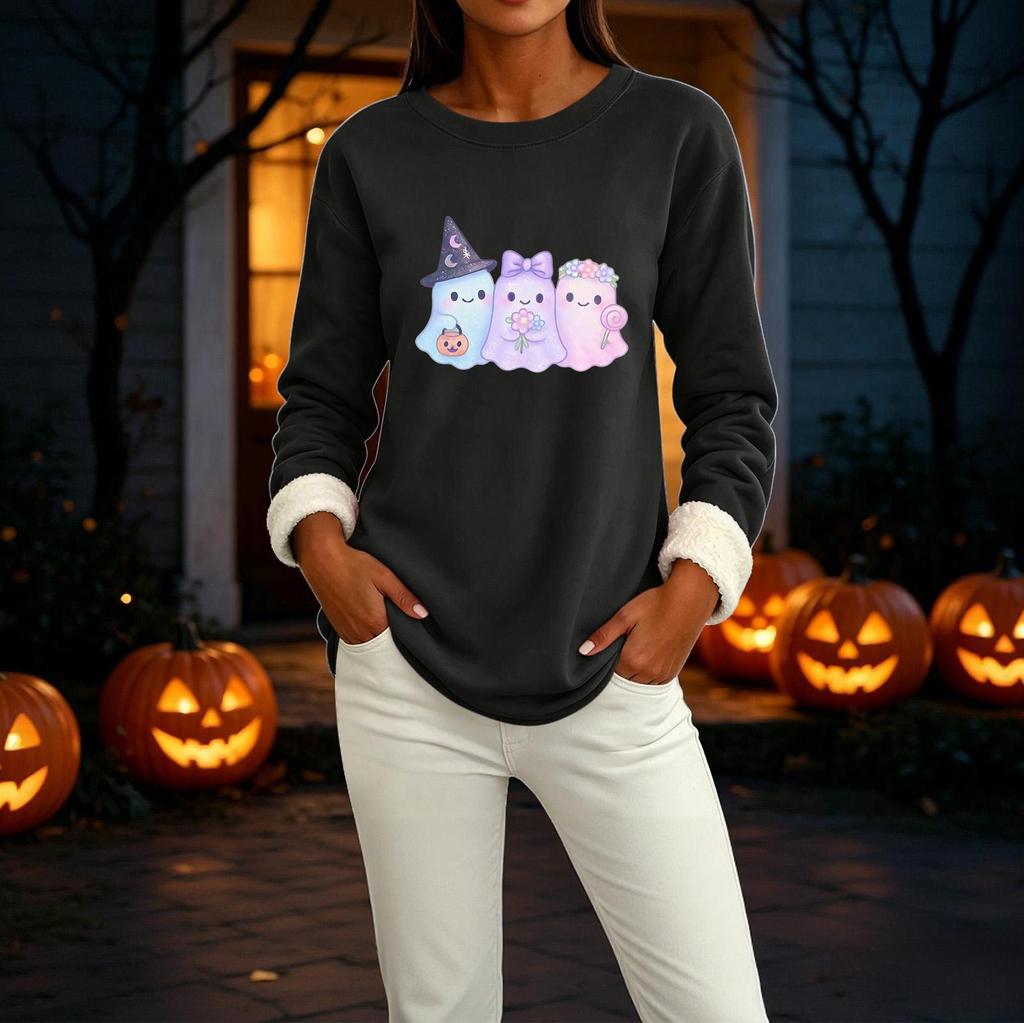 Women's Halloween Print -Lined Long Sleeve Round Neck Sweatshirt for Winter Casual Wear