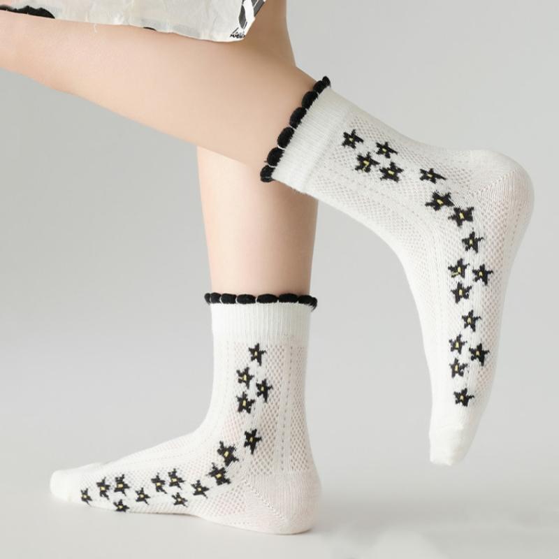 5Pairs/Set Children Girls Mesh Socks Breathable Soft Comfortable Cute Lace Cartoon Thin Daily Walking Wear Baby Socks Summer