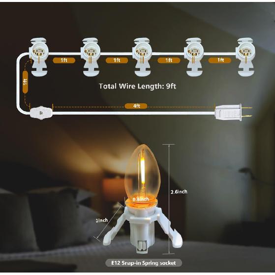 Accessory Cord with 5 PCS C7 LED Night Light Bulbs, E12 Base, 1 Pack