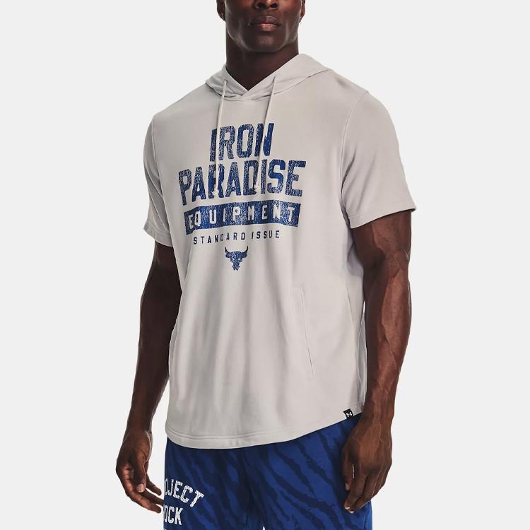 Under Armour Project Rock Printed Hoodie Short Sleeve T-Shirt Men Tops Grey 1378018-289