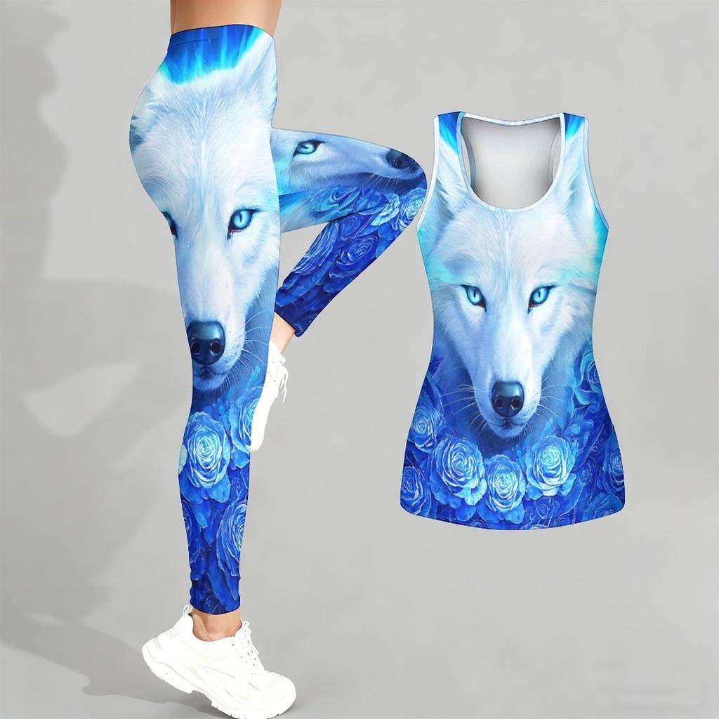 Wild Wolf Pattern Print Yoga Outfit for Women Fashion Workout Leggings Fitness Sports Casual Yoga Set Sports Suit