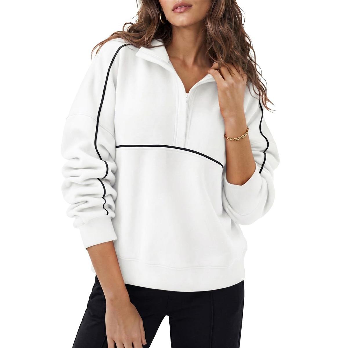 Dames Halve Rits Opstaande Kraag Sweatshirt Contrasterende Pijpjes Losse Verlaagde Schouders Lange Mouwen Casual Pullover Top S wit