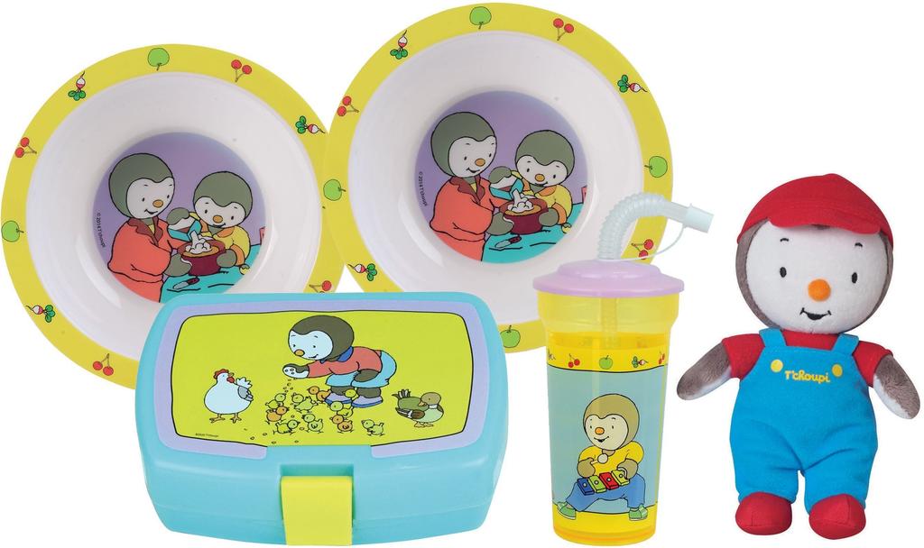 Lot vaisselle - FUN HOUSE - T'CHOUPI - 2 assiettes creuses Ø 16 cm, boîte à goûter, gourde paille et peluche 18 cm