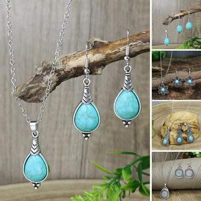 2Pcs/Set Ethnic Style Faux Turquoise Necklace Earrings Set Women Shining Rhinestones Inlaid Pendant Necklace Hook Earrings Jewelry Set