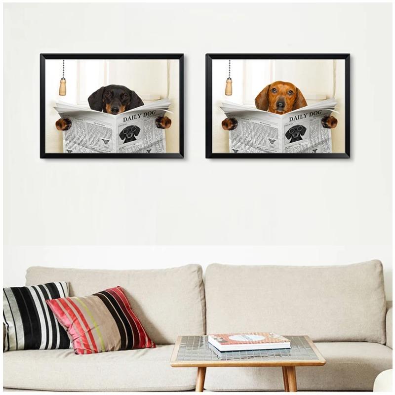 Dog Reading Newspaper Toilet Wall Art Canvas Prints Funny Dog Painting Wall Picture Home Bathroom Decor Dogs Lover Gift