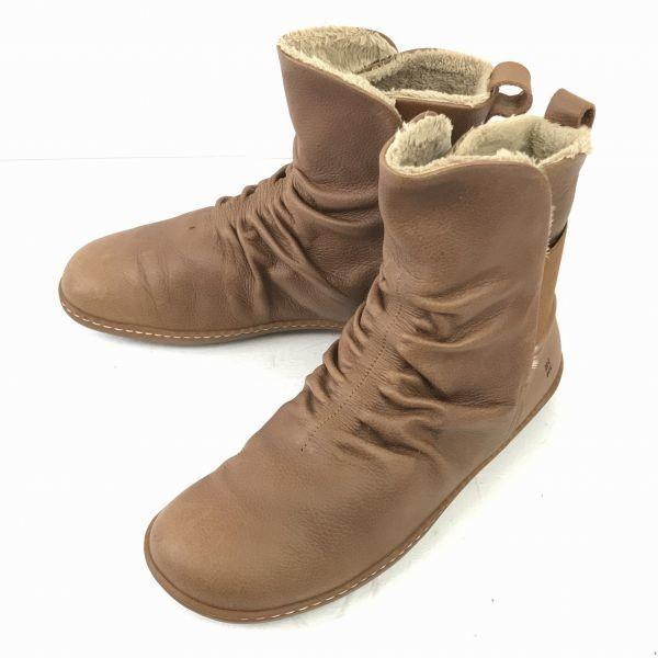 

EL NATURALISTA Embossed Leather Short Boots 40 24.5 Camel Inner Fur(USED)