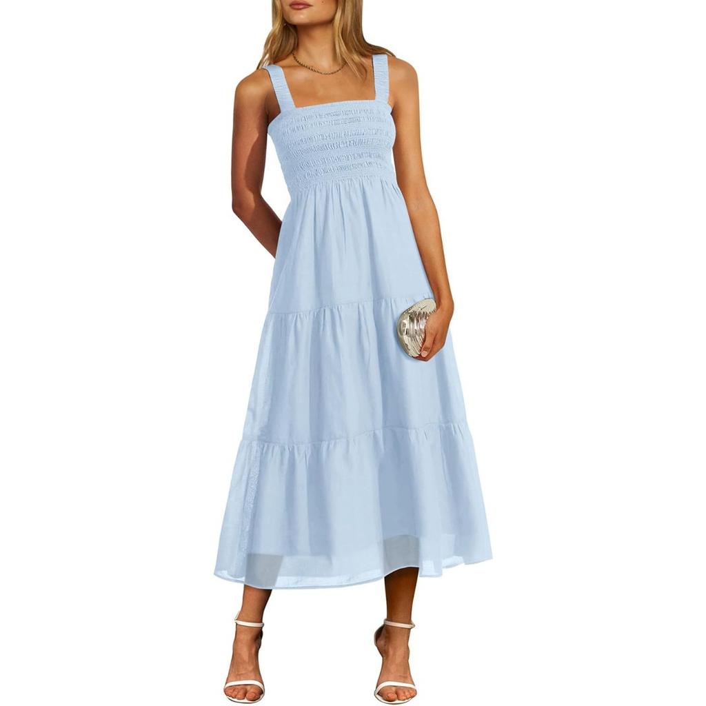 Summer Boho Sleeveless Strappy Smocked Tiered Maxi Casual Dress