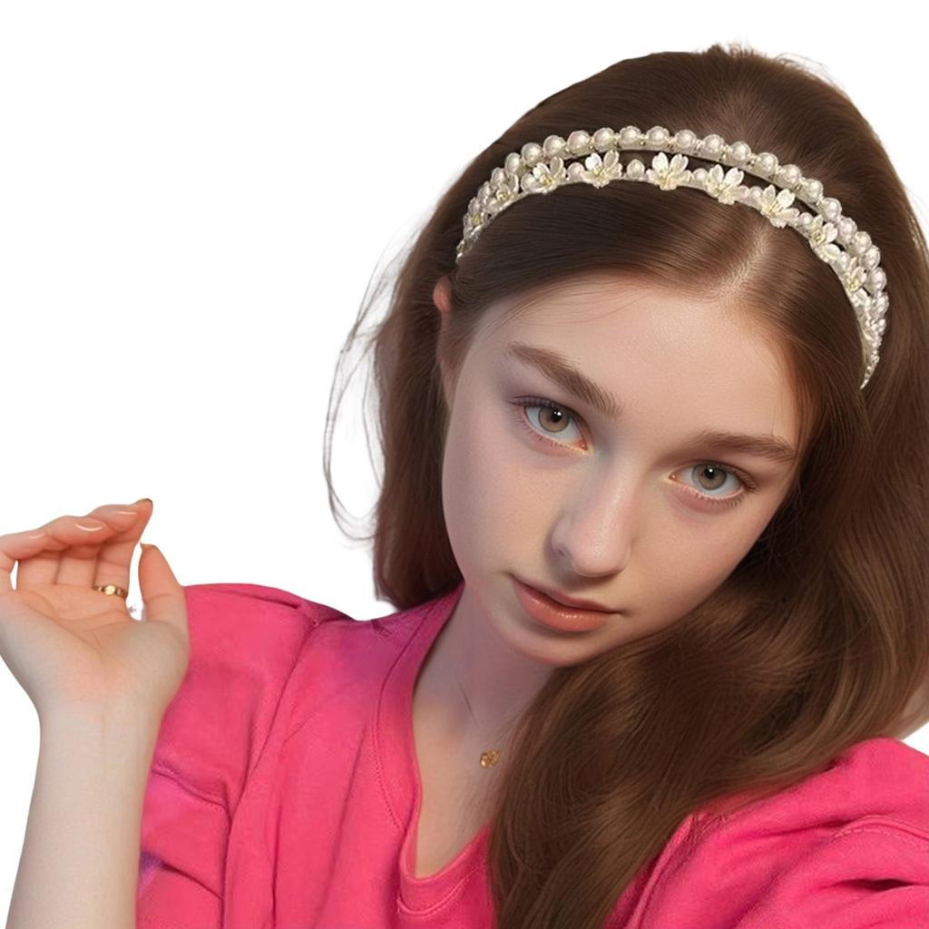 2 Layers Pearls Headbands White Flower Designs Elegant Floral Hairbands for Women Girls Daily Bangs Hair Jewelry