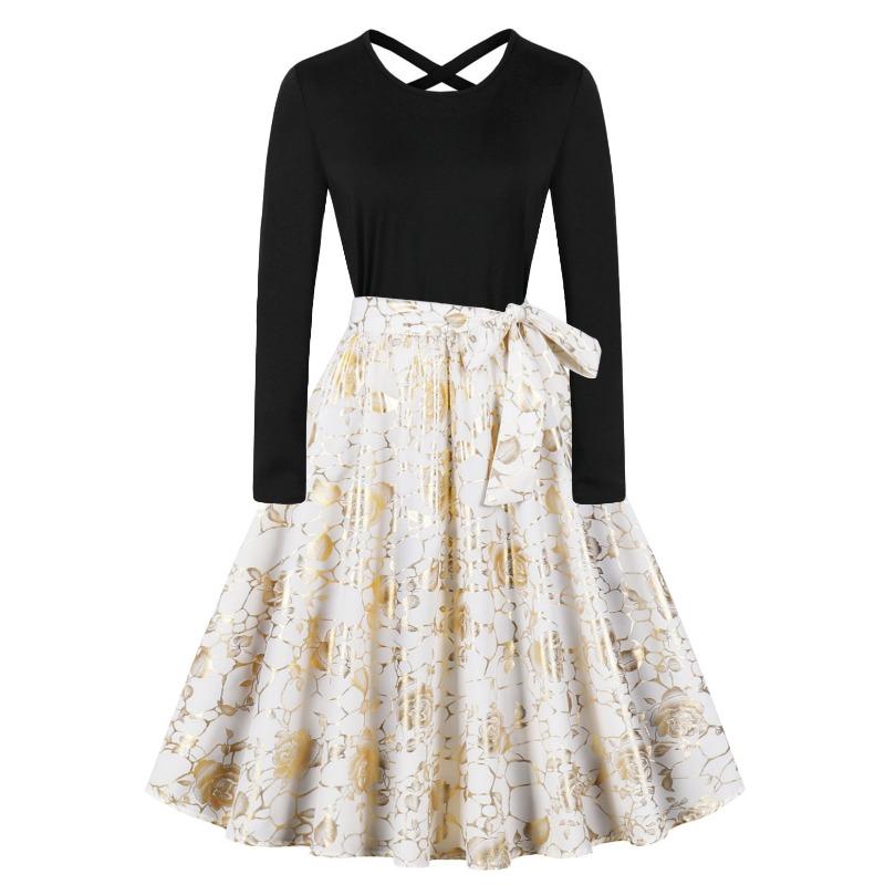 

Осенне-зимняя новая ретро женская одежда круглый вырез длинный рукав черное платье-маятник с принтом S