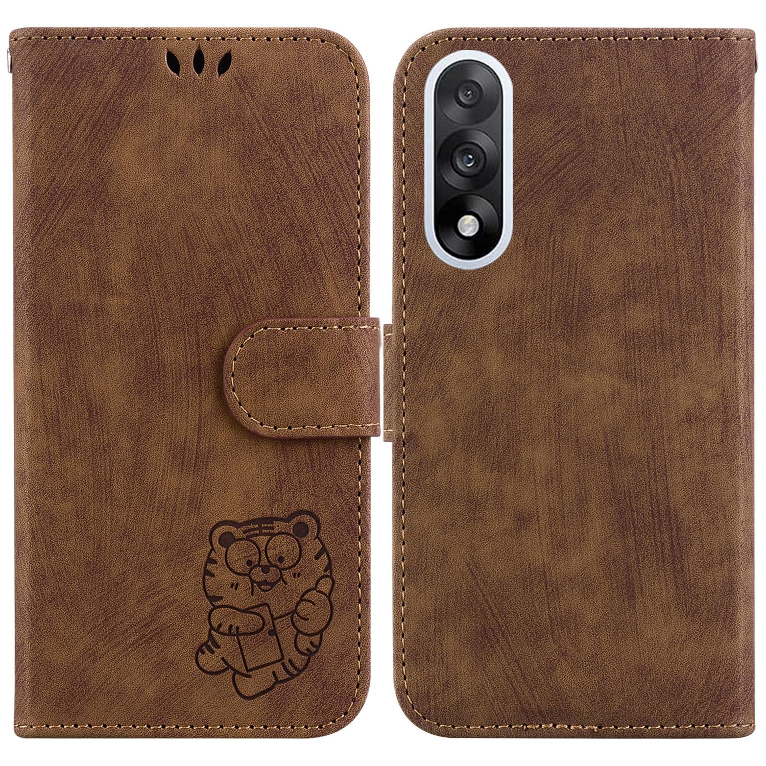 

For OnePlus Nord 5 5G Wallet Case Tiger Imprint Leather Shockproof Phone Cover with Wrist Strap Brown