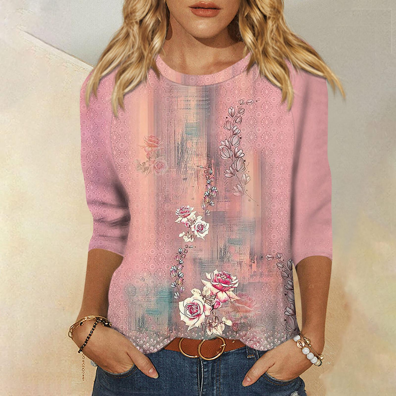 

Женский модный повседневный топ с круглым вырезом и рукавом реглан с принтом 3/4 L розовый