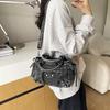 Retro Motorcycle Style Denim Handbag With Studs Chic Crossbody Shoulder Bag Women Streetwear Fashion Accessory
