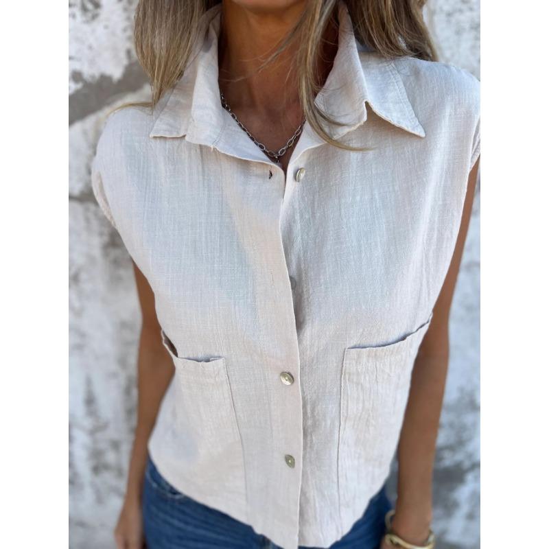 Women Summer Solid Loose Casual Short Sleeve Button Pocket Turn Down Collar Shirt