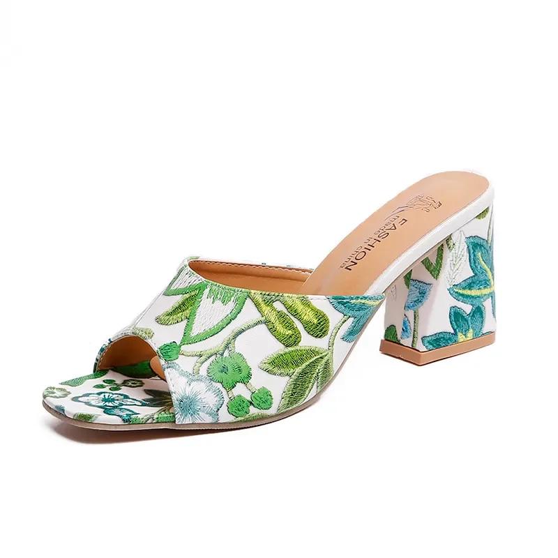 Womens Sandals Printed Summer 2024 New Thick-heeled Popular High-heeled Sexy All-match Half-slippers Open Toe Casual Basic Shoes