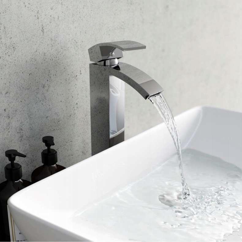 Bathroom washbasin tap, chrome, tall, standing, countertop, silver