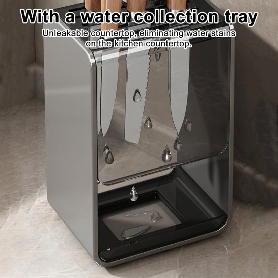 Wall-Mounted Countertop Knife Holder with Drip Tray Space-Saving Carbon Steel Plastic Rack for Kitchen Knives No-Drill Installation Anti-Slip