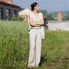 Johnature Women Vintage Straight Pants Summer Chinese Style High Quality Trousers Elastic Waist Soft Long Pants