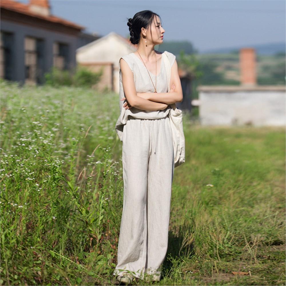 Johnature Women Vintage Straight Pants Summer Chinese Style High Quality Trousers Elastic Waist Soft Long Pants