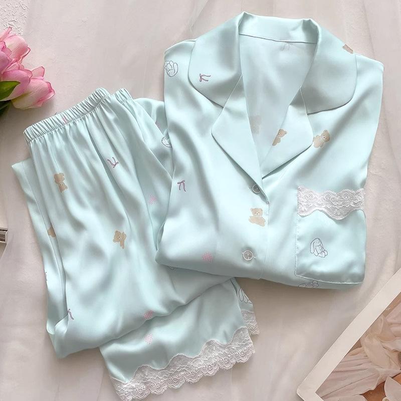 Summer Fresh Bear Print Pajamas Women'S Cool Feeling Ice Silk Short Sleeves Trousers Loungewear