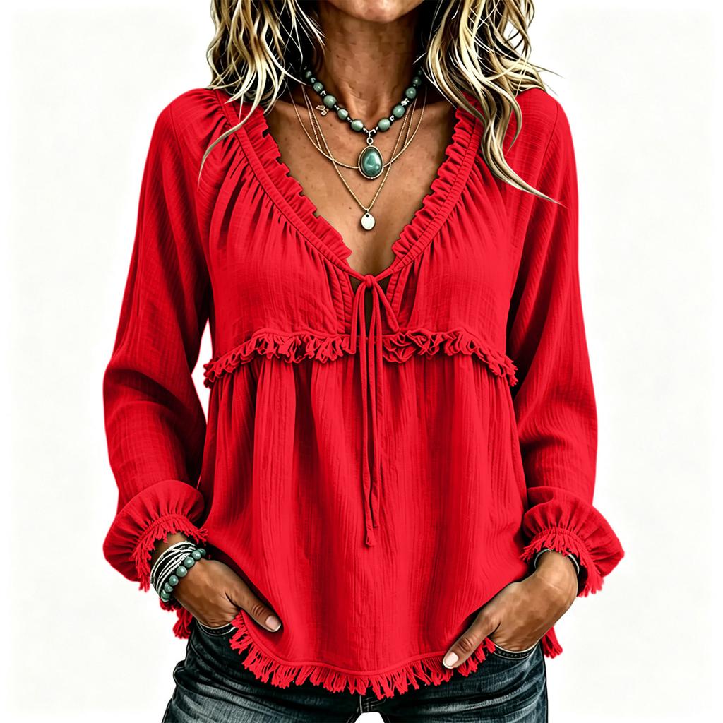 Women's Casual V-Neck Long Sleeve Cotton Linen Top Color