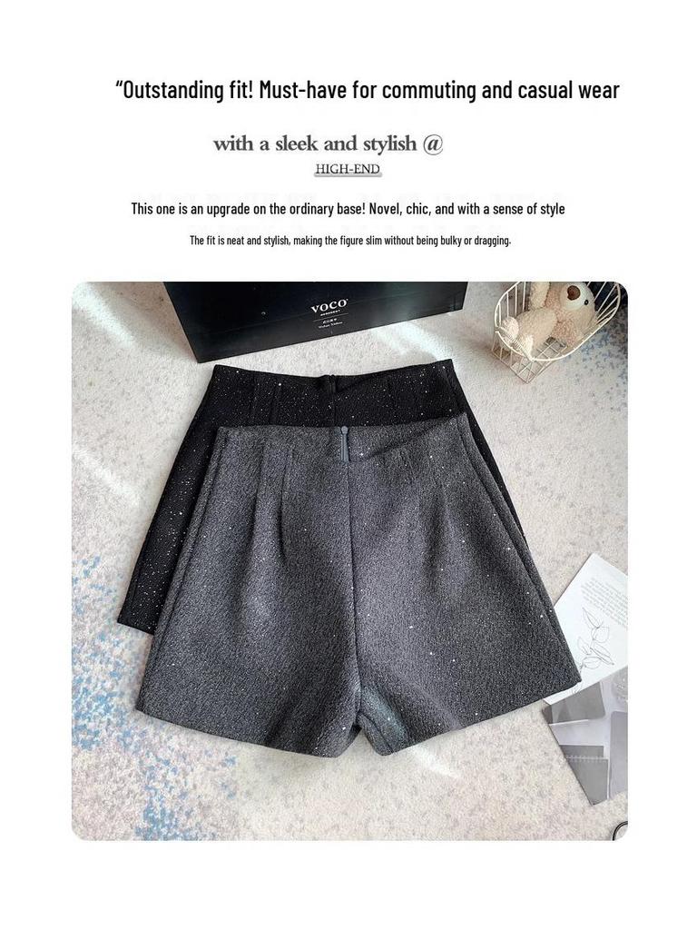 Women's Winter 2024 Black Woolen High-Waisted Wide-Leg Bootcut Shorts