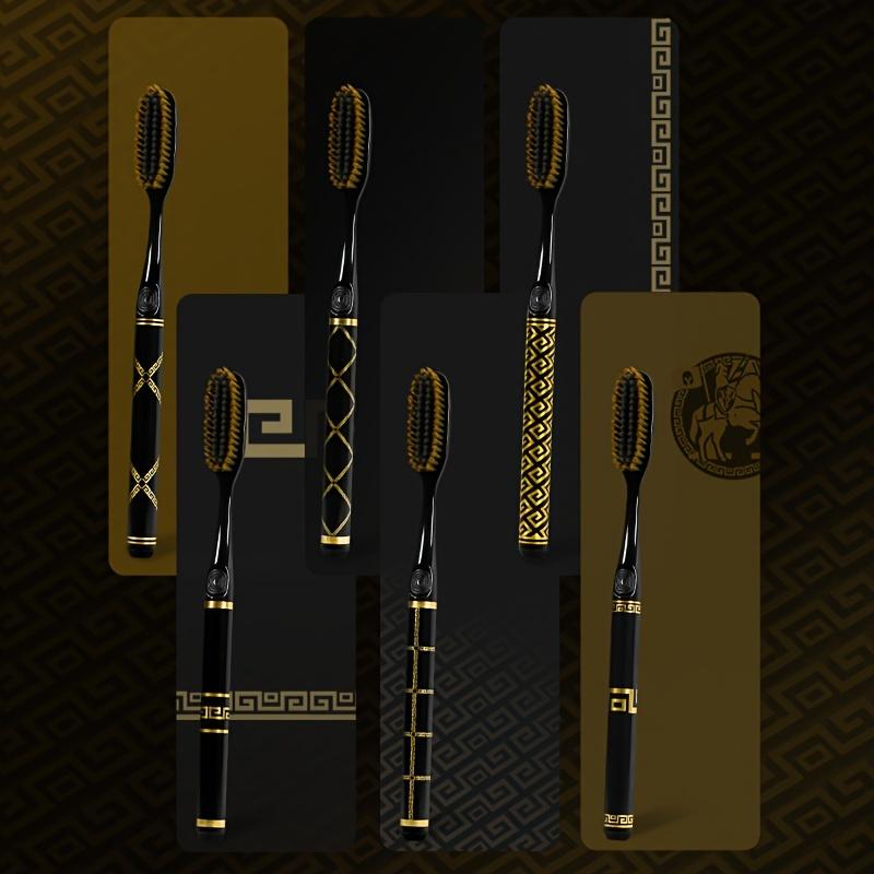 6 Pack Premium Black and Golden Patterned Handle Toothbrushes - Full Head Soft Nylon Bristles for Gentle Cleaning, Unscented Manual Toothbrush Set