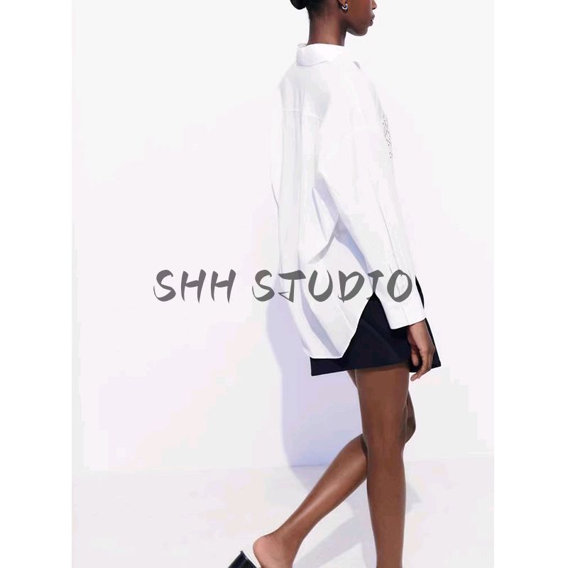 Summer New Product Women's Clothes Lapel Long Sleeves Asymmetric Hem Rivet Ornament Poplin Loose Shirt 2298078