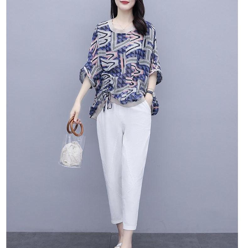 Women's Plus Size Casual Stylish Two-Piece: Five-Sleeve Print T-shirt & Nine-Point Pants Set