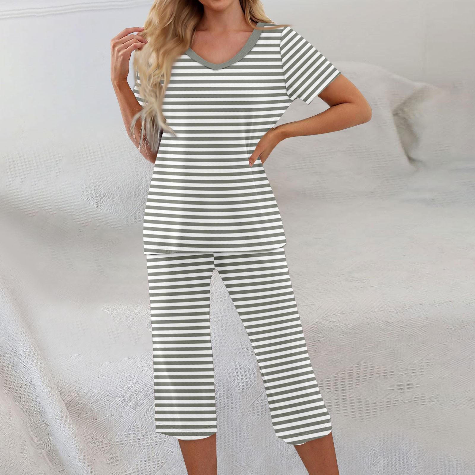 

2 Piece Sets For Women Short Sleeve Top And Pants With Pockets Workout Soft Stripe Print Sets XXL