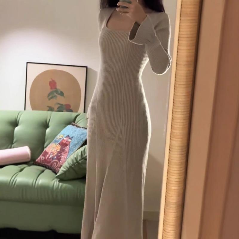 Slim and thin design sense medium and long knitted skirt early autumn lazy style temperament beautiful dress